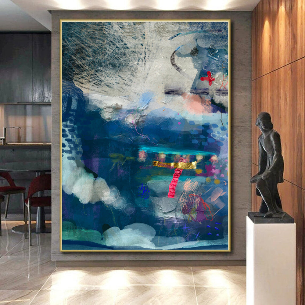 “Blue - Toned Collage Abstract” - Mixed - Media Abstract Painting On Canvas PS0095