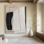 Beige, Black and White with Rectangular and Curved Forms "Form Fusion" Abstract Painting On Canvas PS1123