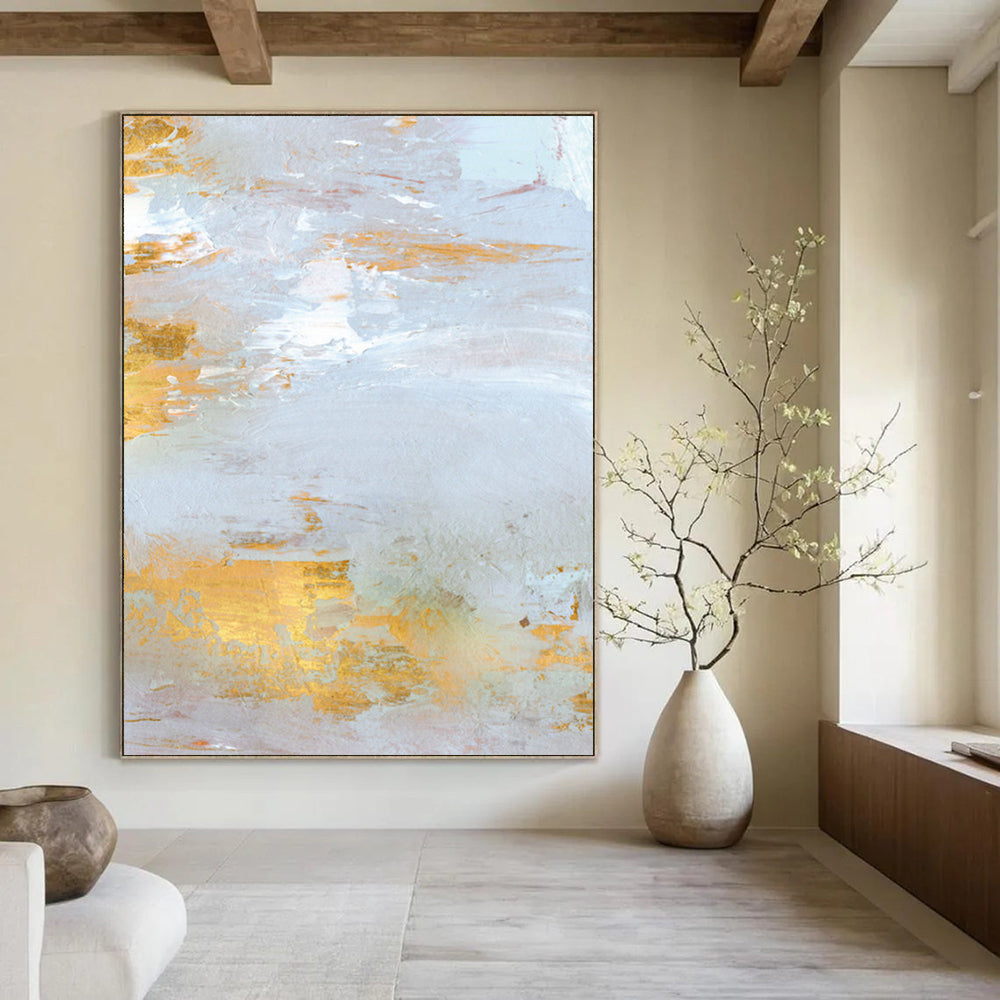 “Gold - Accented Coastal” - Light Gray & Shimmering Gold Seascapes Painting On Canvas DS160