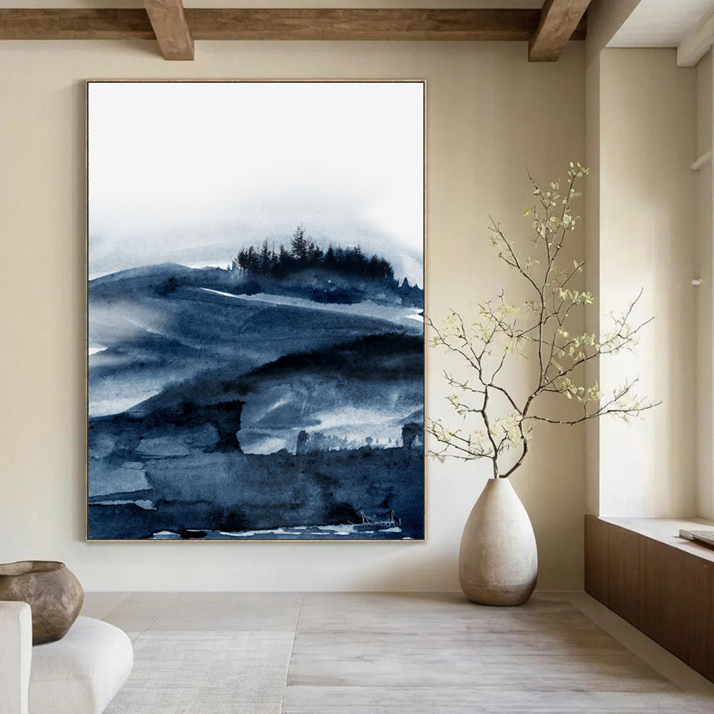“Blue Watercolor Landscape” - Serene Hues with Misty Mountains Painting On Canvas DS230