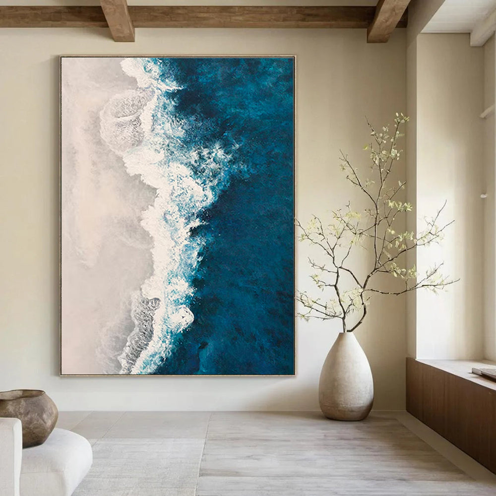 Blue, White with Aerial View "Coastal Waves" Abstract Painting On Canvas PS1400