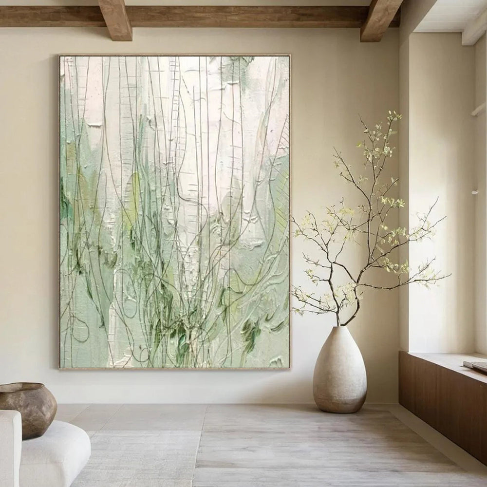 “Green and Gray Textured Abstract” - Linear Abstract Painting On Canvas PT2280