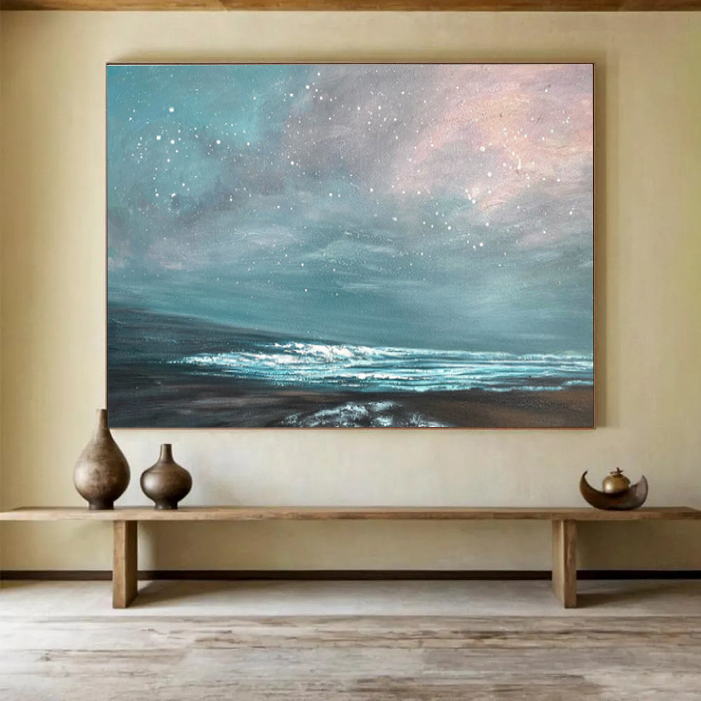 Star - Filled Sky Over Turquoise Sea Seascape Painting On Canvas DKS106