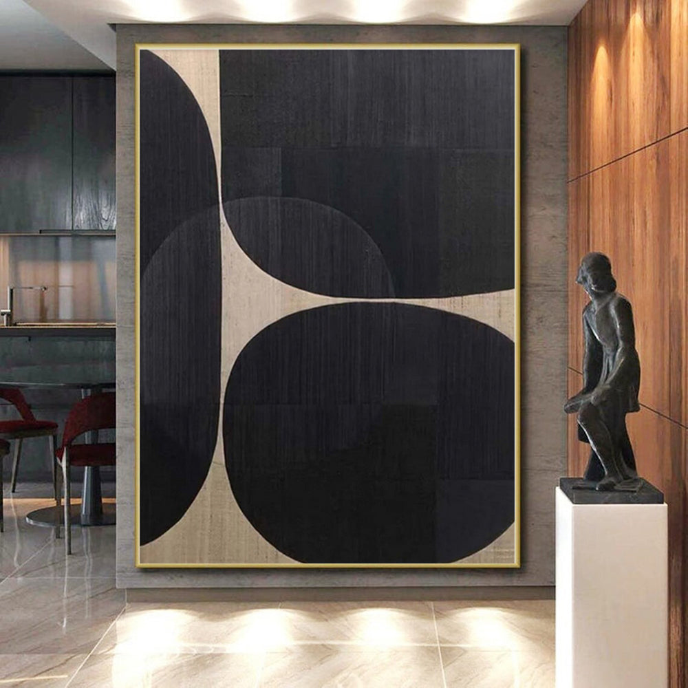 “Black - Beige Geometric Circles” - Black, Beige Abstract Geometric Painting On Canvas PS0581