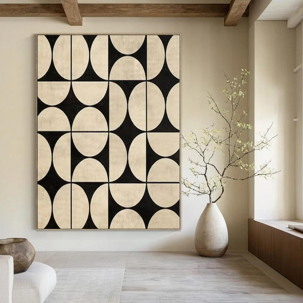 Black and Beige Geometric Pattern "Retro - Modern Mosaic" Abstract Painting On Canvas PS1082