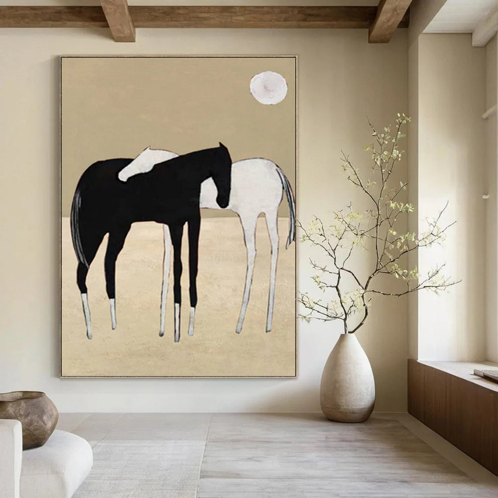 “Minimalist Black & White Horses” - Minimalist - Inspired Animal Painting On Canvas PT1410