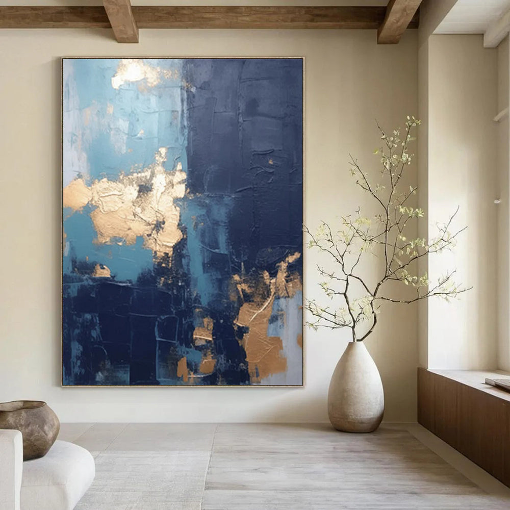 “Blue - Gold Fusion” - Textured Abstract with Metallic Accents Painting On Canvas DS130