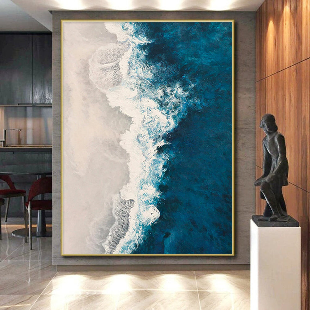 “Blue - White Ocean Abstract” - Blue, White Abstract Seascape Painting On Canvas PS0443