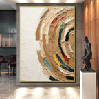“Colorful Textured Circle” - Multicolor, Beige, Blue, Red, Yellow Abstract Impasto Painting On Canvas PS0663