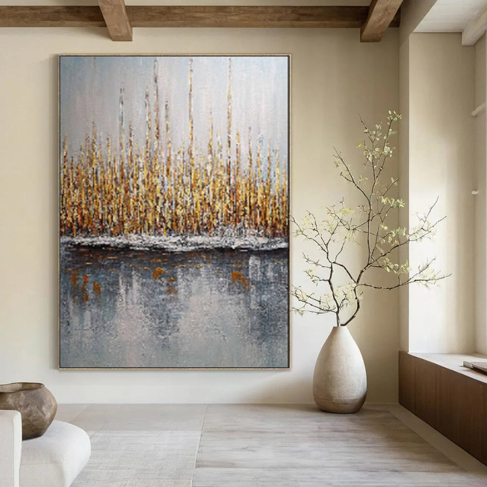 Golden Reed Reflections, Impressionistic Landscape, Monet - Inspired Style, Painting On Canvas PT2103