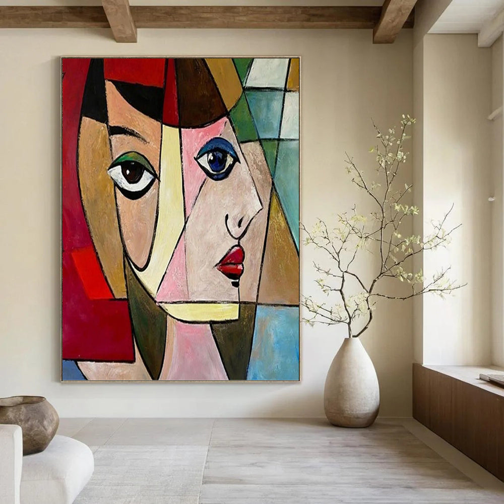 “Cubist Woman in Color Blocks” - Cubist - Inspired Portrait Painting On Canvas PT1407