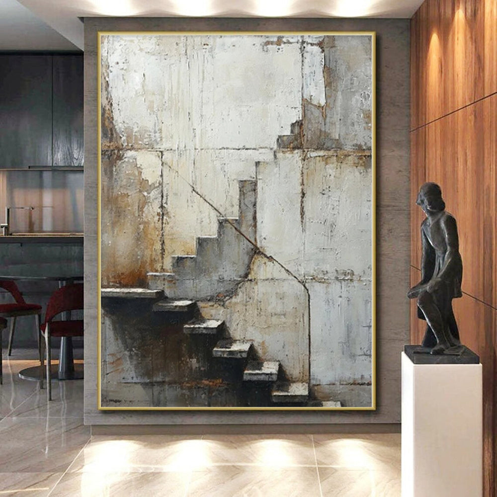 “Grey - Brown Abstract Industrial Stairs” - Realistic Abstract Painting On Canvas PS0339