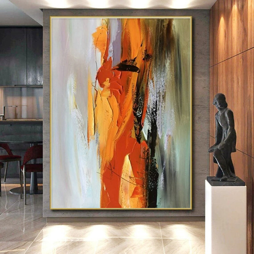“Vibrant Orange Fusion” - Orange, Yellow, Gray Abstract Energetic Painting On Canvas PS0615