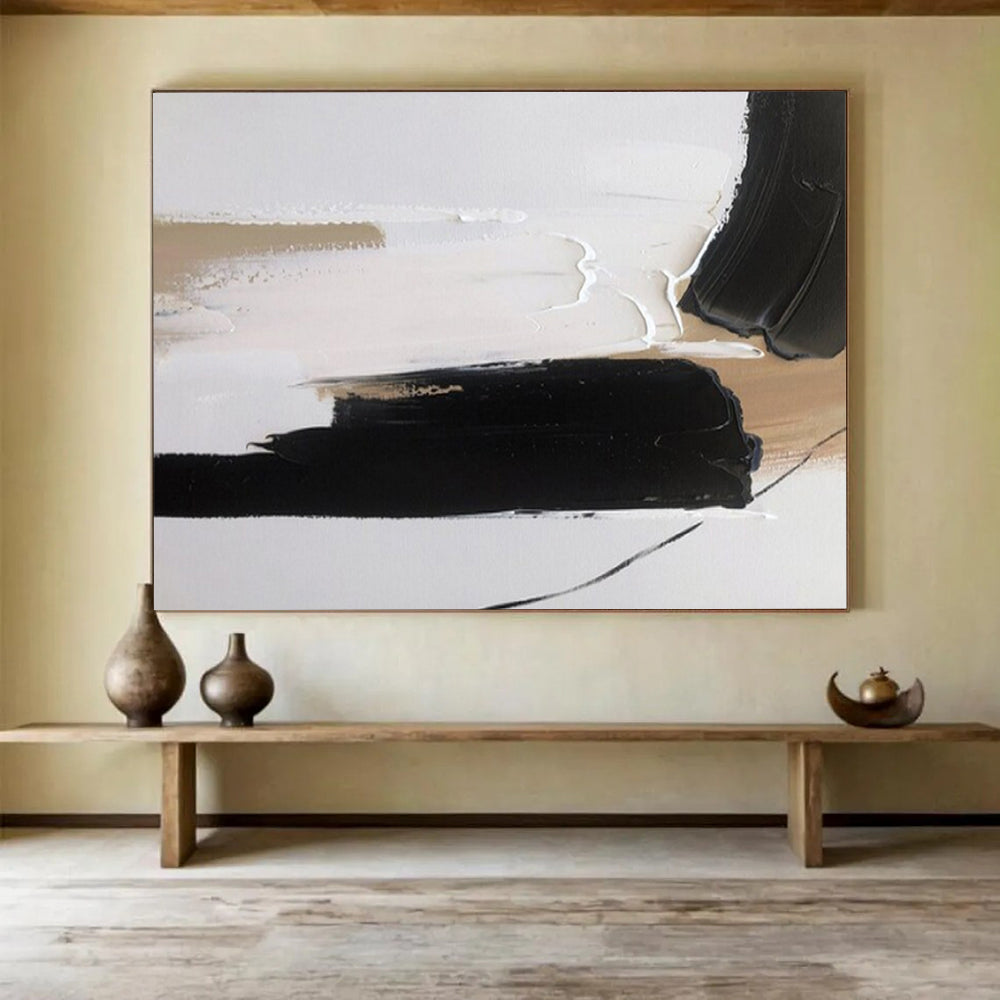 “Black - Beige Minimalist Strokes” - Minimalist Abstract Painting On Canvas PT1563