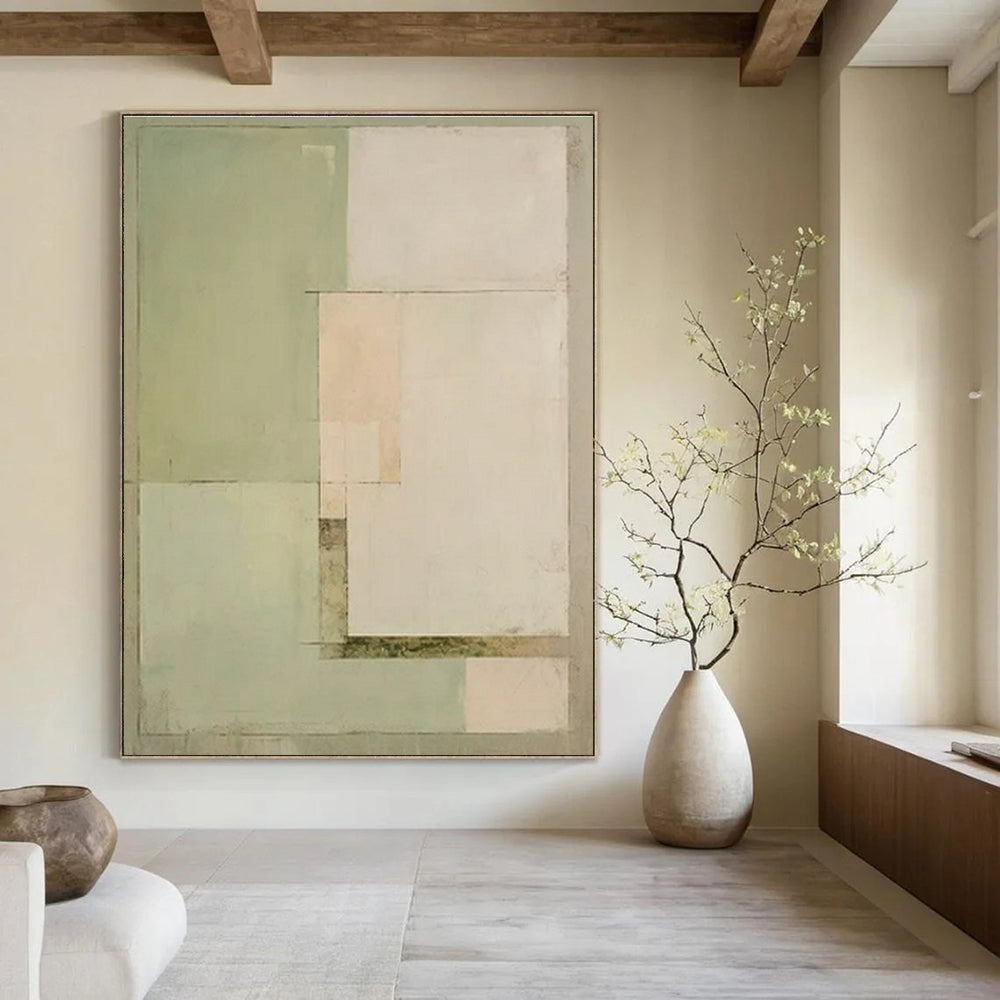 Green, Beige, White with Subtle Shapes "Quiet Geometry" Abstract Painting On Canvas PS1443