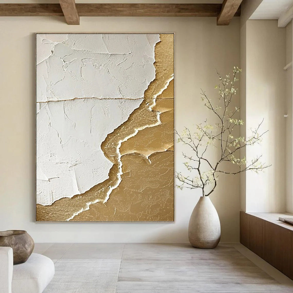 “White and Gold Textured Abstract” - Luxe Relief Painting On Canvas PT0986