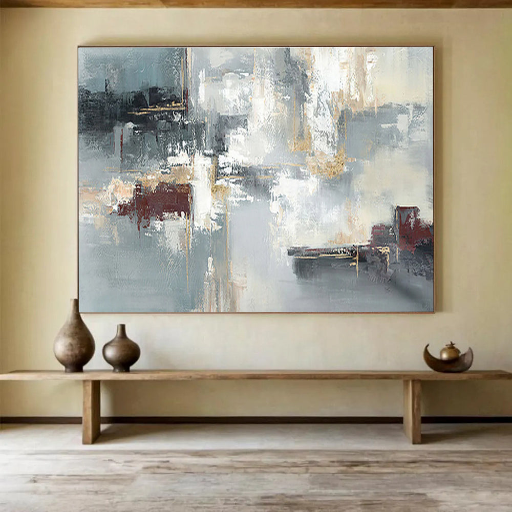 Blue - Gray Abstract with Gold Lines - Luxe Abstract Painting On Canvas DKS352