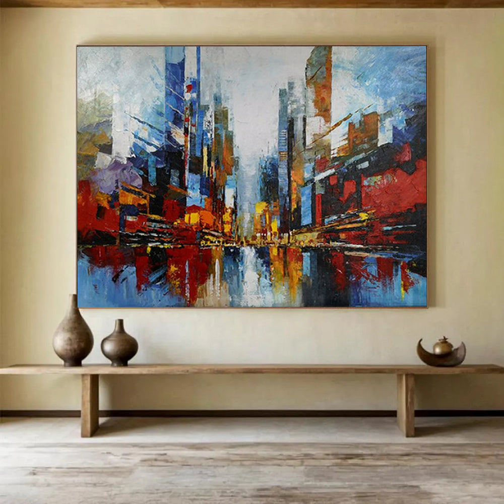 “Colorful Abstract Cityscape” - Vibrant Urban “Metro Blur” Painting On Canvas PT1673