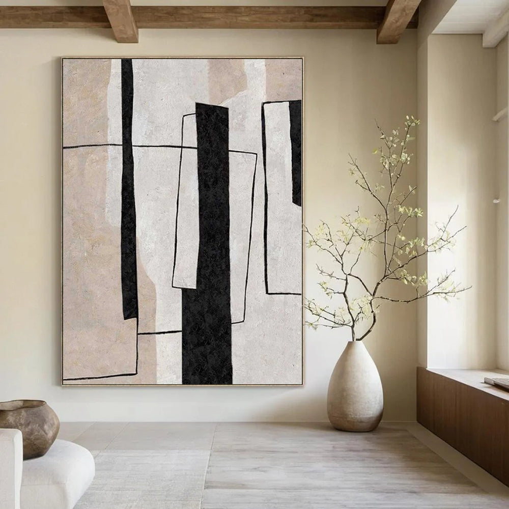 Beige, White and Black Geometric "Urban Structure" Architectural Abstract Painting On Canvas PS1103