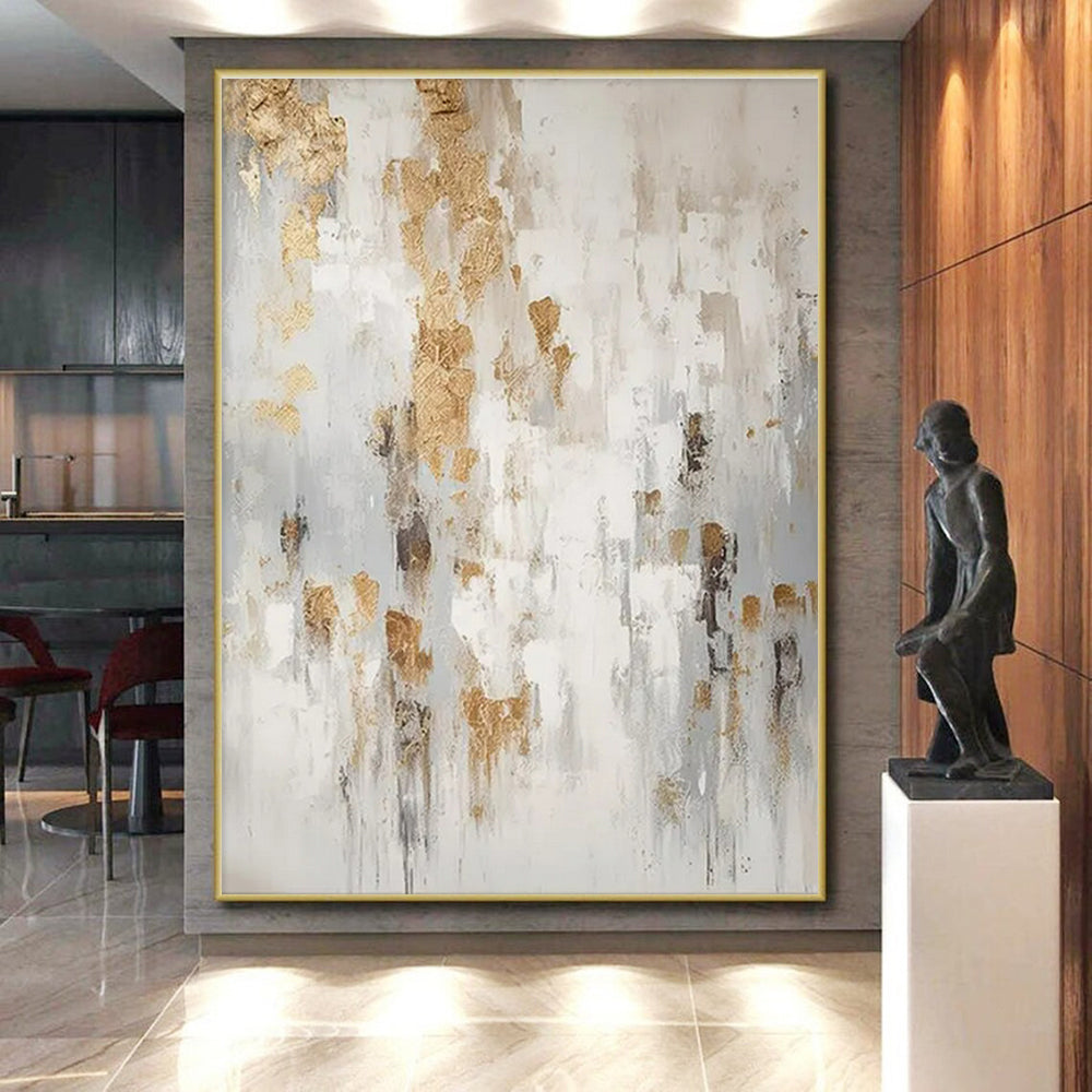 White, Gray & Gold Abstract Splatter "Gilded Mist" Painting On Canvas PS0866