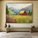 “Idyllic Mountain Barn” - Green, Yellow & Pink Landscape, Folk - Art Inspired Painting On Canvas DKS727