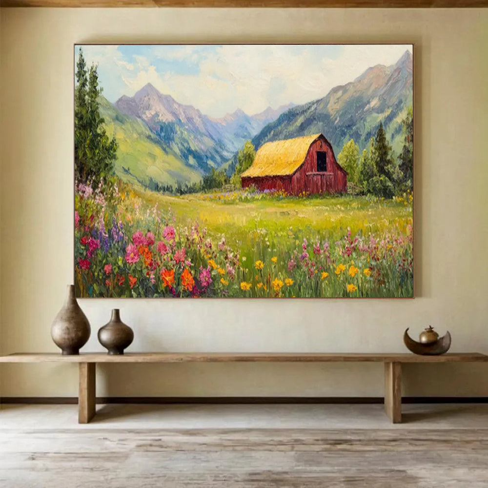 “Idyllic Mountain Barn” - Green, Yellow & Pink Landscape, Folk - Art Inspired Painting On Canvas DKS727