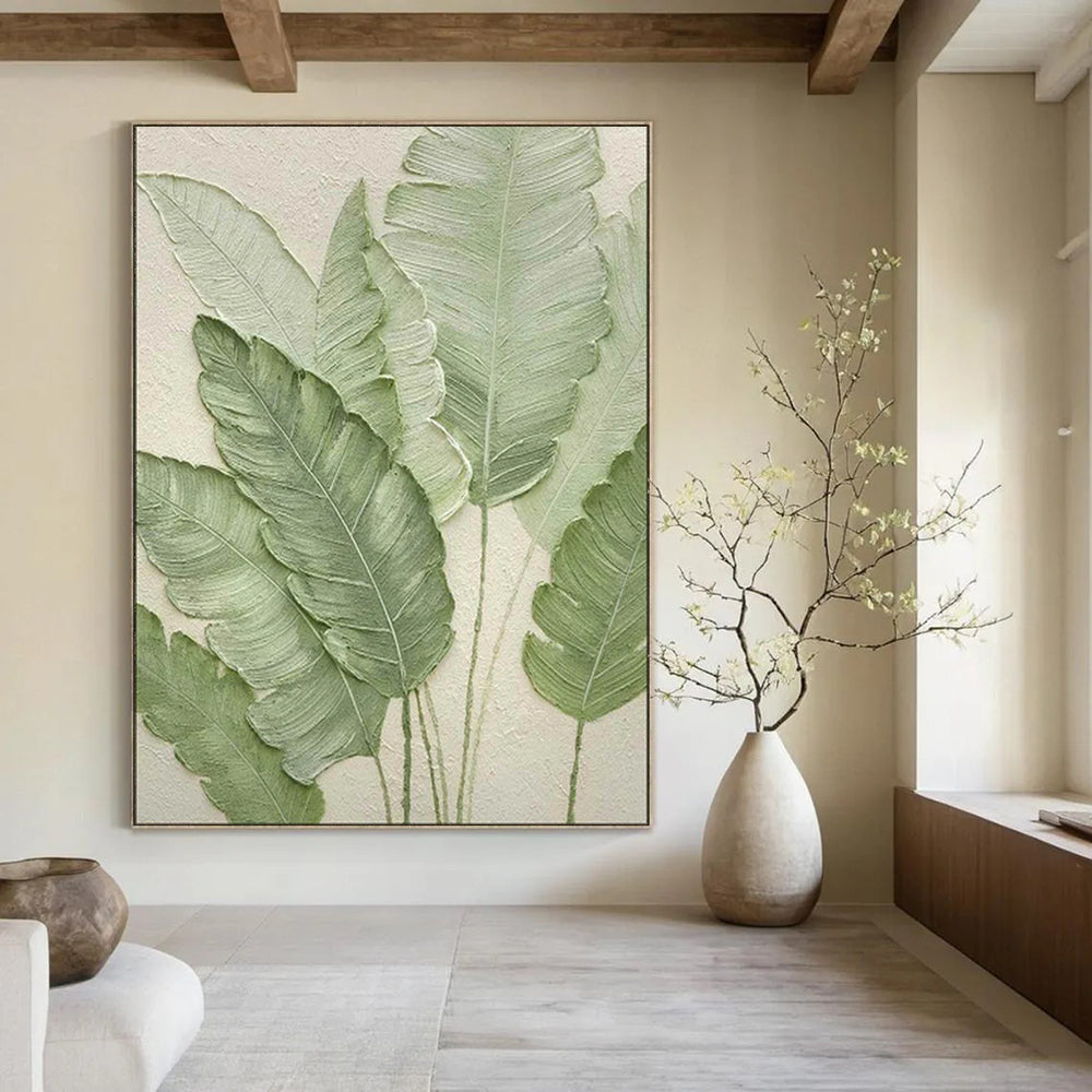 “Textured Green Leaf Relief” - Botanical Textured Painting On Canvas PT1876