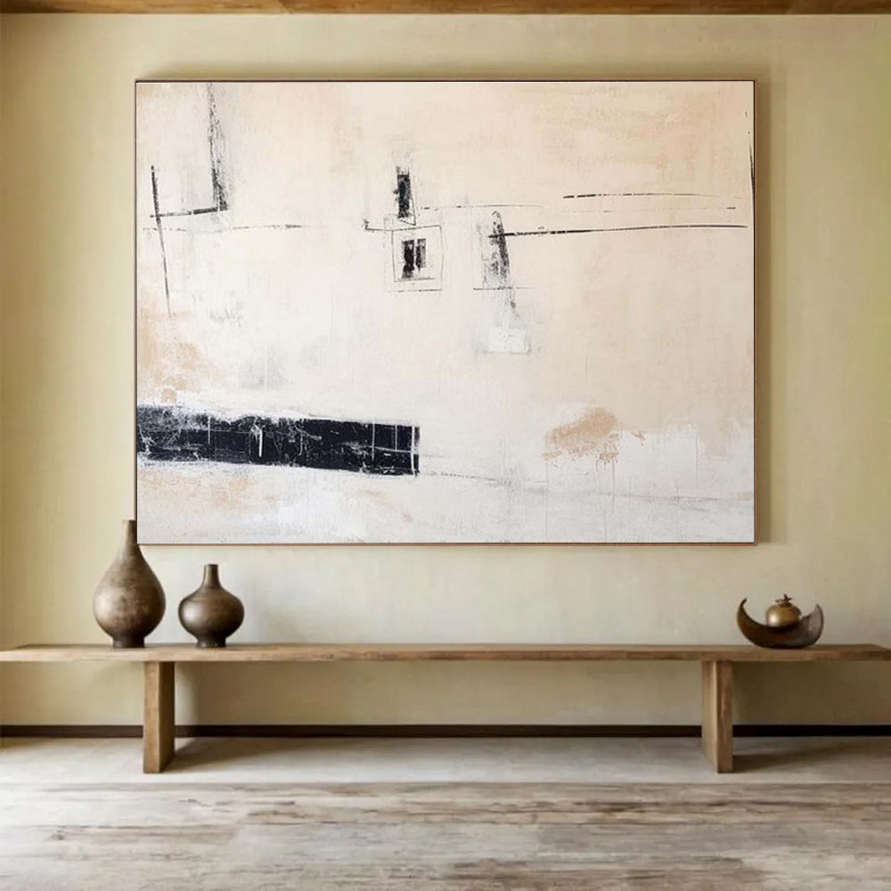 Beige and Black Minimalist Abstract Abstract Painting On Canvas DKS096