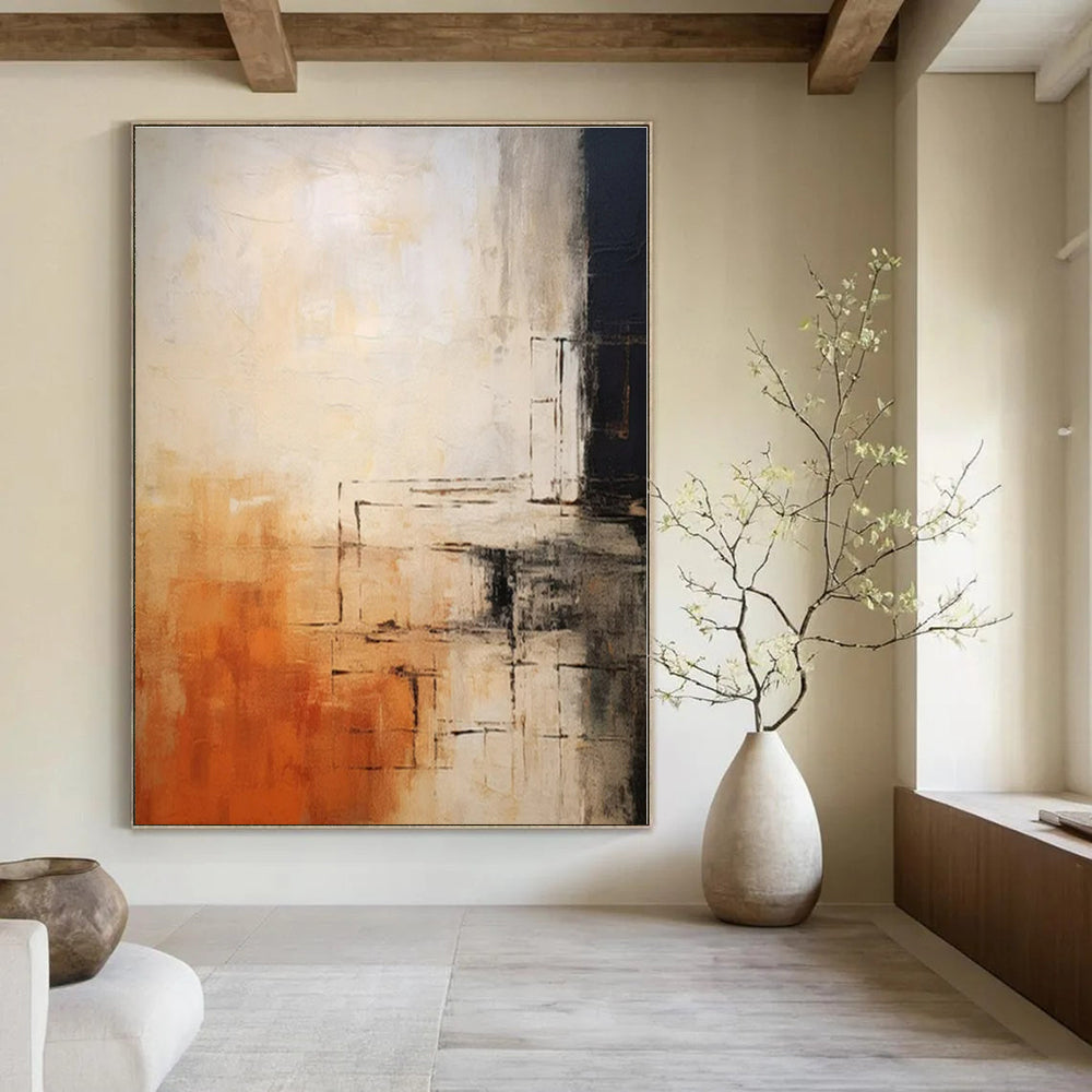 Beige, Orange, Black with Geometric Lines "Geometric Sunset" Abstract Painting On Canvas PS1335