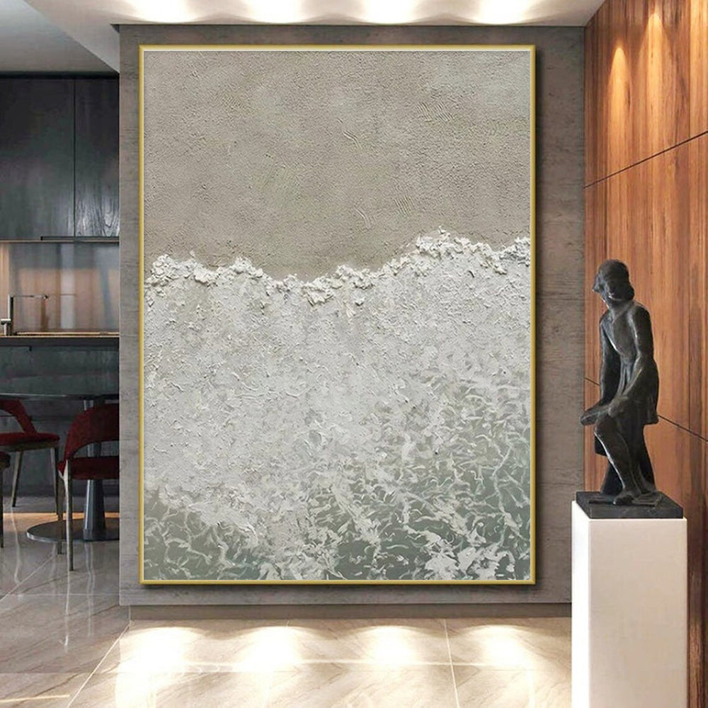 “Textured Beach Waves” - Beige, White, Blue Abstract Seascape Painting On Canvas PS0678