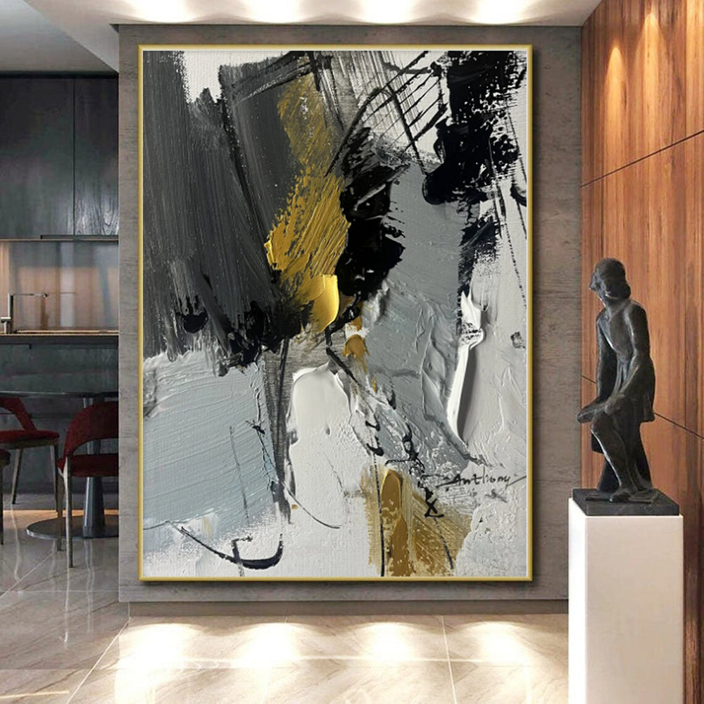 “Gray - Gold Dynamic Abstraction” - Gray, Gold, Black Abstract Painting On Canvas PS0493