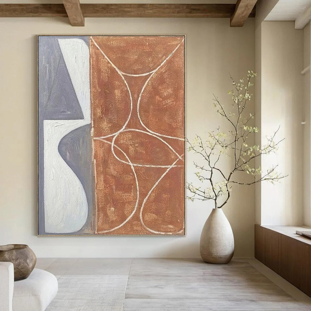 “Grey - White and Brown Curved Forms” - Geometric Abstract Painting On Canvas PT1138