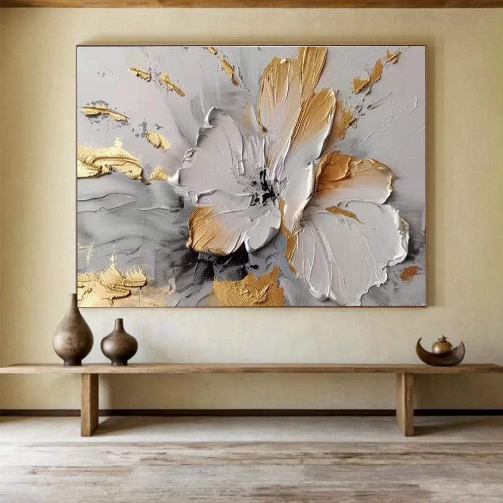 Gilded Bloom - Textured Floral Acrylic Painting, Suited for Dining Room & Entryway DKS677