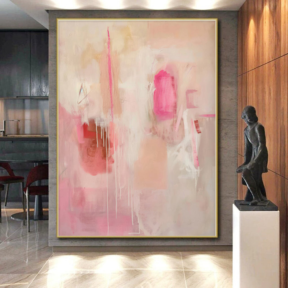 “Pink - Beige Abstract Drips” - Pink, Beige Abstract Expressionist Painting On Canvas PS0440
