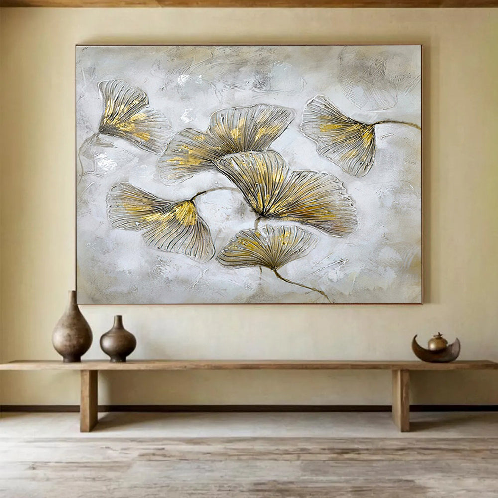 “Gilded Ginkgo Leaves” - Gray, Gold & White Floral, Mixed - Media Painting On Canvas DKS790