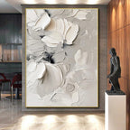 “White - Gray Textured Florals” - White, Gray Abstract Painting On Canvas PS0517