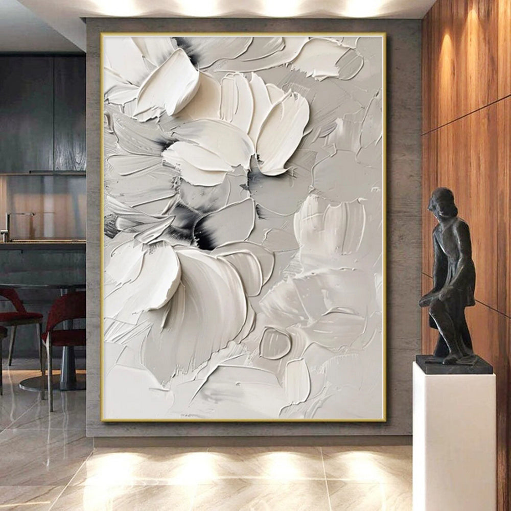 “White - Gray Textured Florals” - White, Gray Abstract Painting On Canvas PS0517