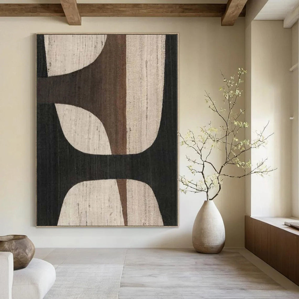 “Black - Brown - Beige Geometric” - Mid - Century Abstract Painting On Canvas PS0155