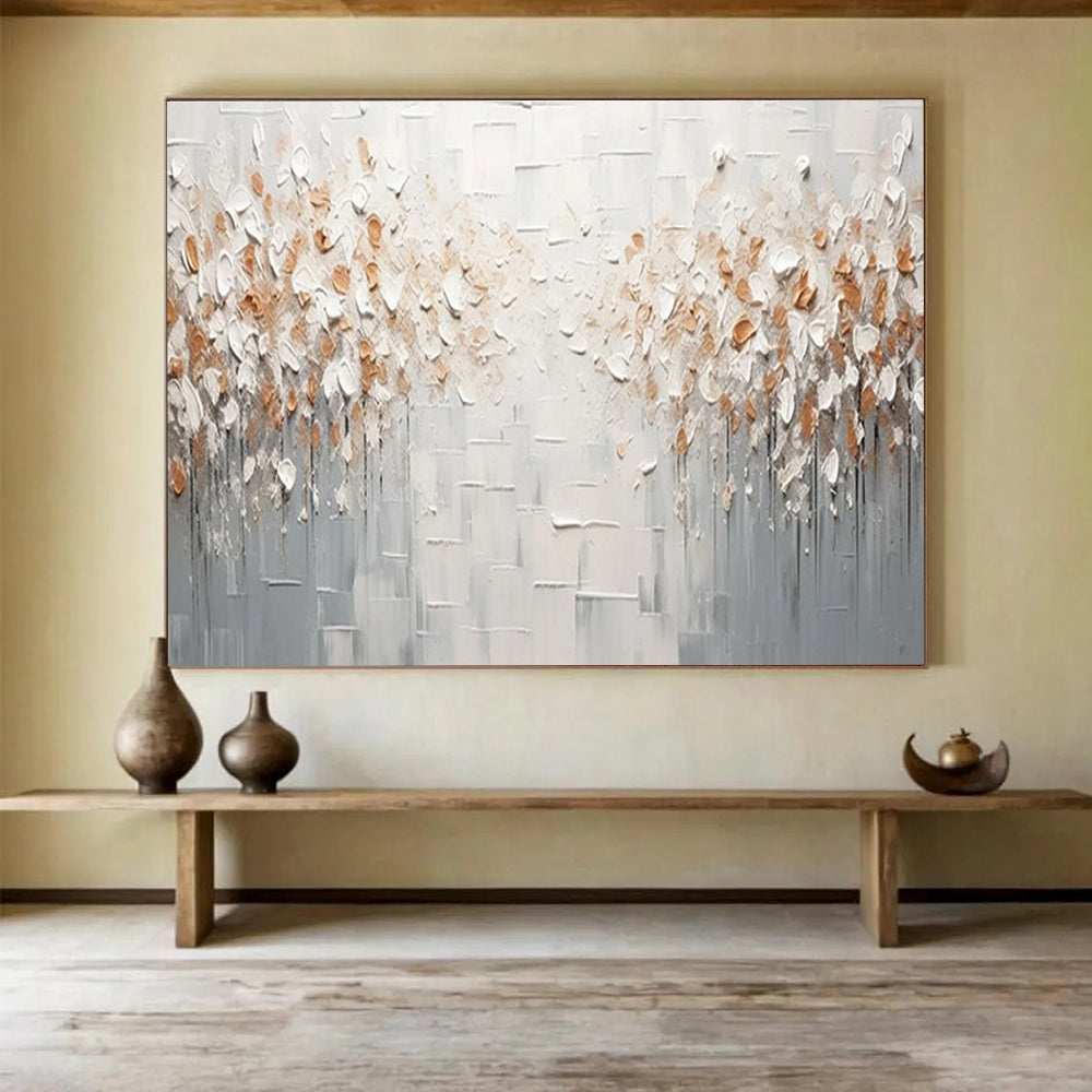 White & Gold Textured Floral Abstract Painting On Canvas DKS047