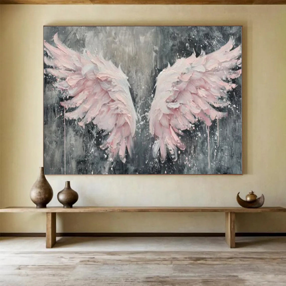“Pink Wings on Gray” - Textured Pink “Angelic Wings” Painting On Canvas PT1618