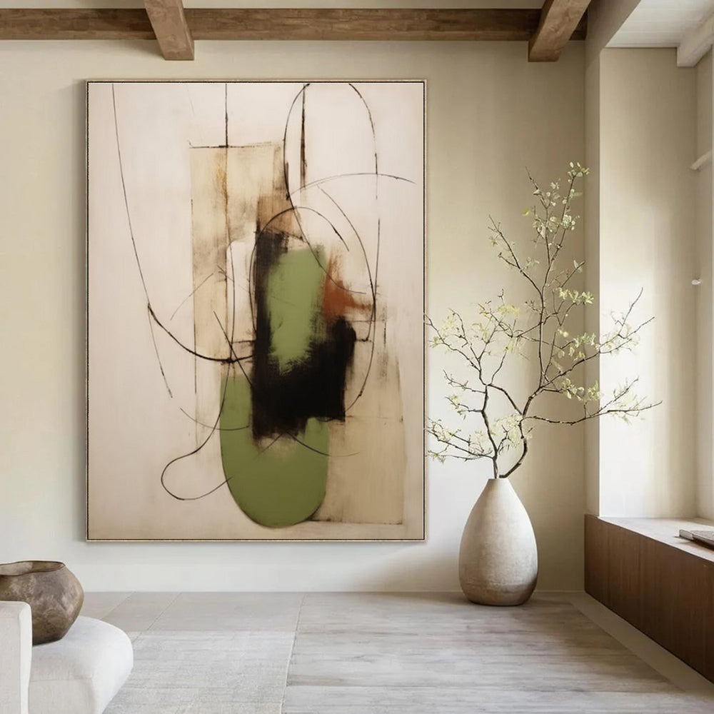 Black, Green, Beige with Curved Lines and Shapes "Organic Fusion" Abstract Painting On Canvas PS1294