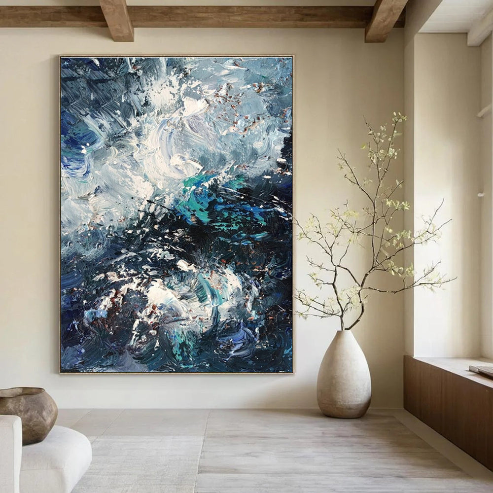 Blue, White, Gray with Dynamic Textures "Crashing Waves" Abstract Painting On Canvas PS1351