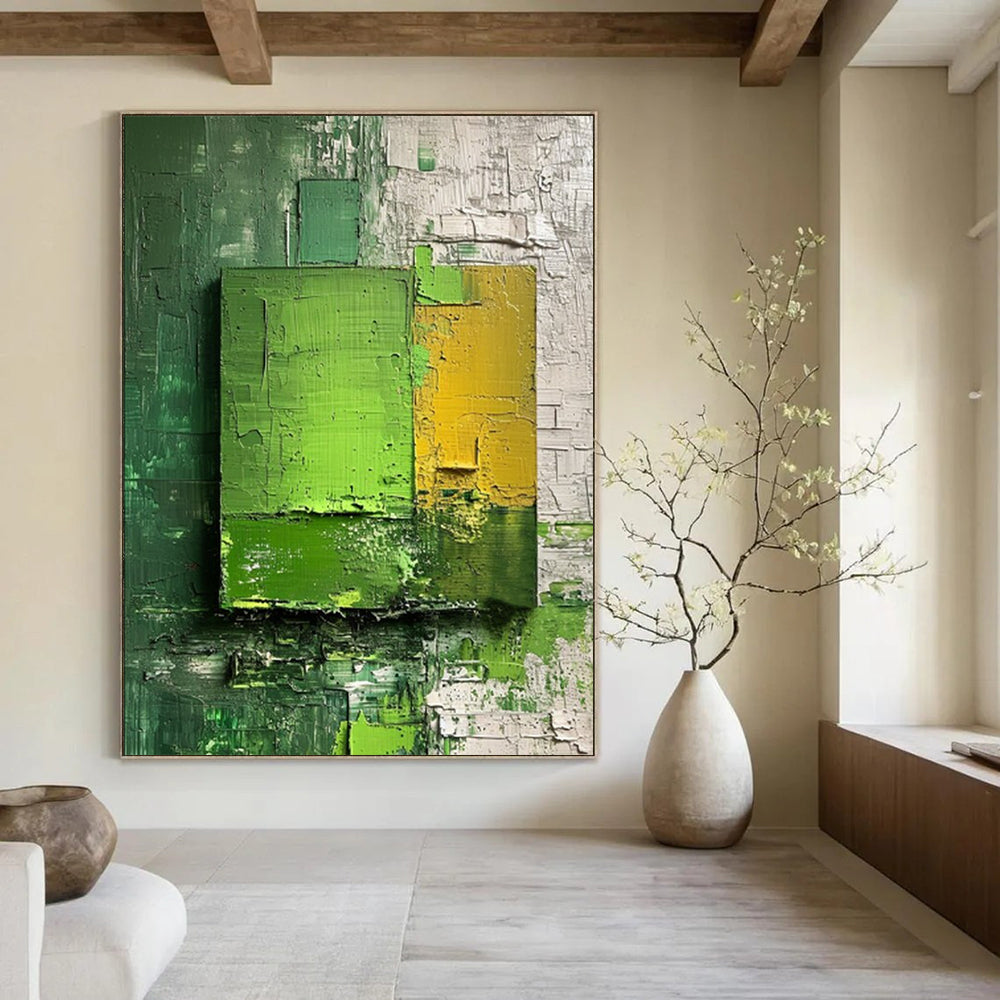 “Green - Yellow Textured Squares” - Abstract Expressionist Painting On Canvas DS030