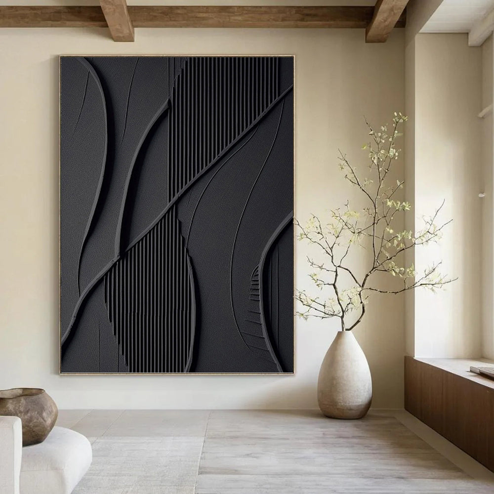 “Black Modern Curves” - Black, Textured Abstract Shapes Painting On Canvas PT1465