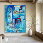 “Blue - Toned Abstract Collage” - Serene Mixed - Media Abstract Painting On Canvas DS296