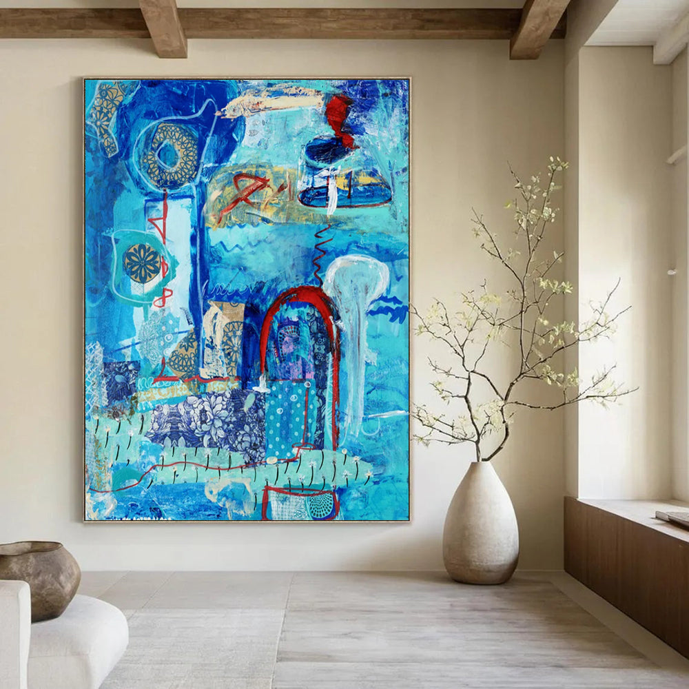 “Blue - Toned Abstract Collage” - Serene Mixed - Media Abstract Painting On Canvas DS296