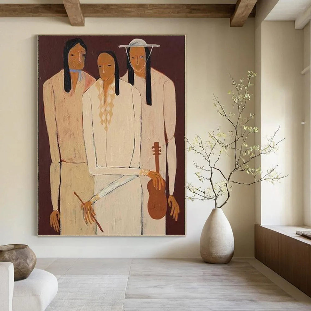 “Three Figures” - Earthy Tones & Simplified Forms Painting On Canvas DS141