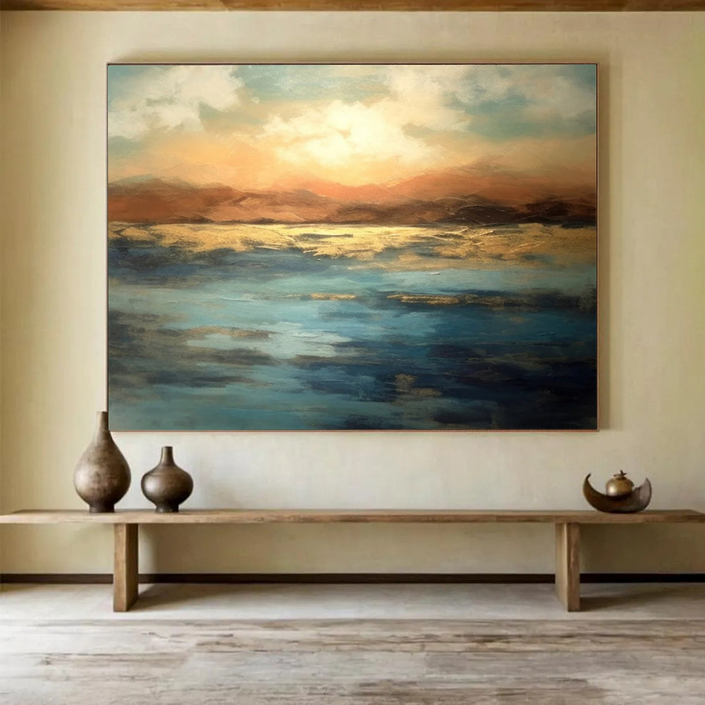 “Sunset Lake in Gold and Blue” - Expressive Landscape Painting On Canvas PT066