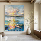 “Colorful Impasto Sunset Ocean with Sailboats” - Impasto Seascape Painting On Canvas PT1896