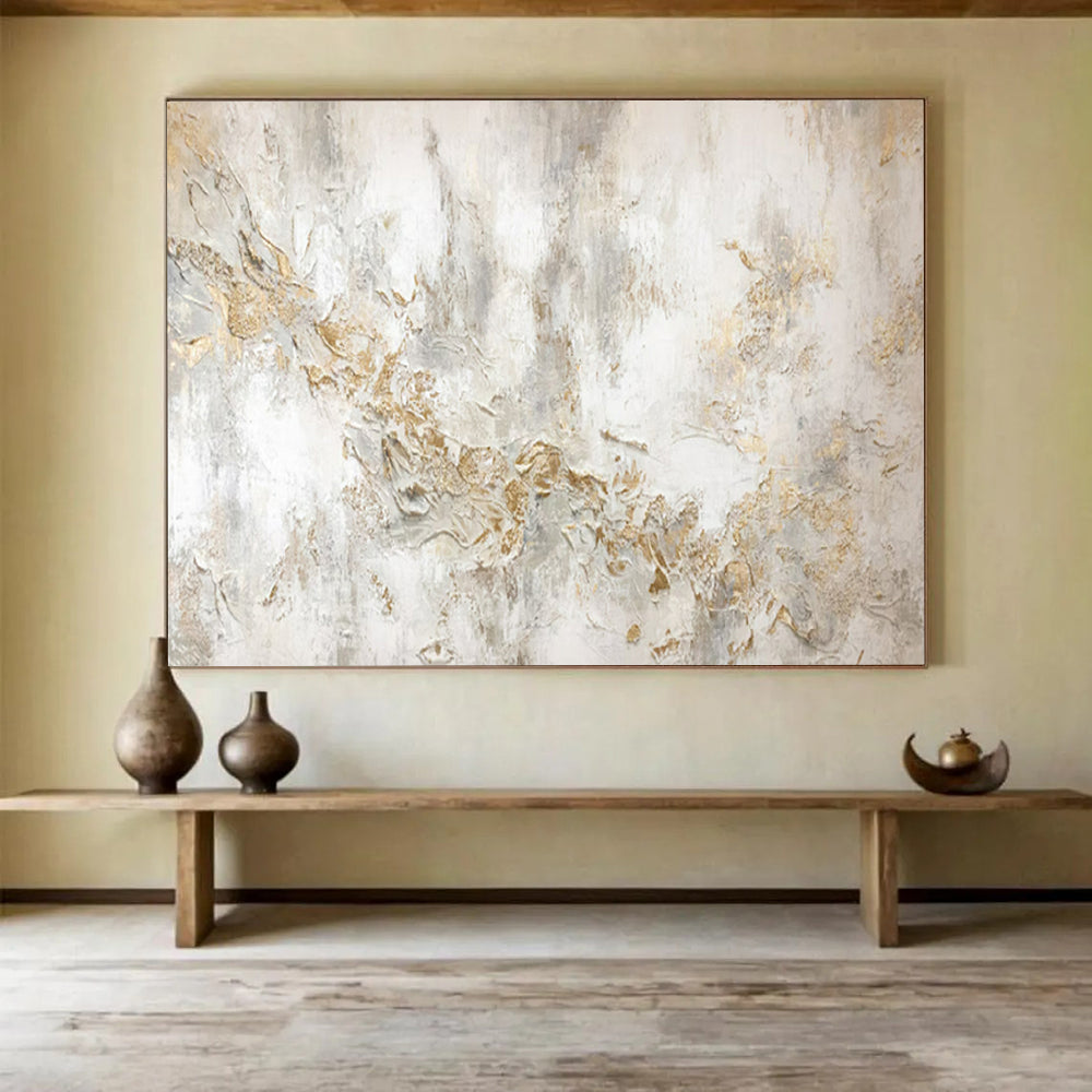 “White and Gold Textured Abstract” - Impasto Abstract - Painting On Canvas PT1772